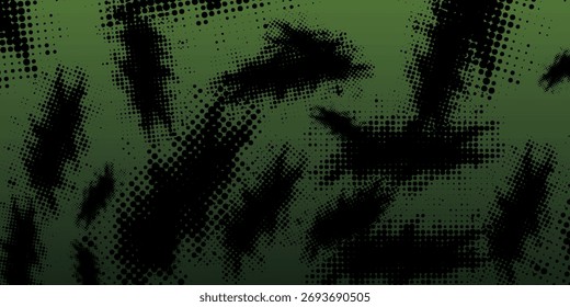 Formas oscuras y abstractas con textura de semitono superpuesta sobre un fondo degradado verde. Las Formas son irregulares y orgánicas.