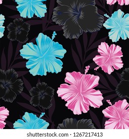 Dark abstract style floral vector pattern. Pink and blue hibiscus flowers seamless black background