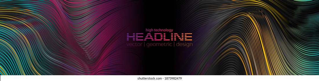 Dark abstract tech banner with liquid curved glossy waves. Colorful refraction vector background