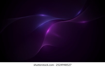 Dark abstract technology background with glowing blue and pink wavy lines. Digital hi-tech vector illustration with pink and blue particle striped wave lines. Vector illustration
