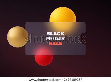 Dark abstract ticket design with gold, red and yellow spheres Black Friday Sale in glass morphism style