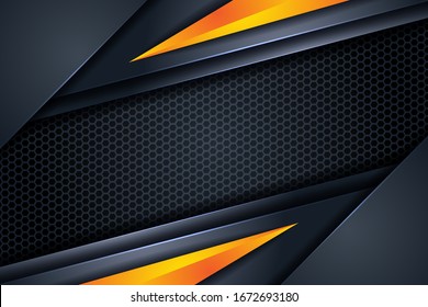 Dark abstract triangle background with yellow orange line gradient shapes. Black hexagon mesh pattern decoration.