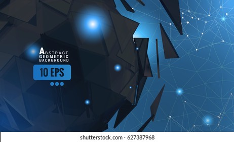 Dark abstract triangle sphere with glow on blue triangular graphic template  background