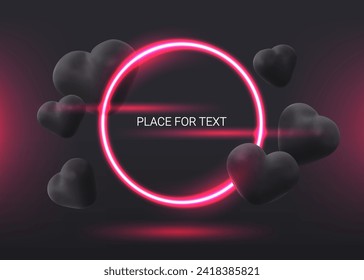 El oscuro y abstracto fondo del día de San Valentín. Afiche negro con corazones 3D negros y marco de neón circular