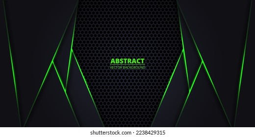 Dark abstract vector background with hexagon carbon fiber. Technology background with honeycomb grid and green luminous lines. Futuristic luxury modern backdrop.