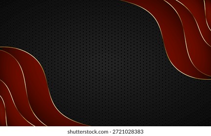 fundo de vetor abstrato escuro com padrão perfurado fluindo ondas vermelhas e detalhes de ouro elegante