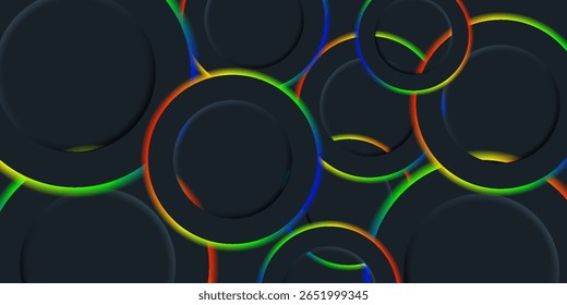 Dark abstract vector with overlapping black rings and glowing neon edges in rainbow colors. A futuristic, tech-inspired design perfect for backgrounds and digital interfaces.