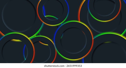 Dark abstract vector with overlapping black rings and glowing neon edges in rainbow colors. A futuristic, tech-inspired design perfect for backgrounds and digital interfaces.