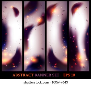 Dark abstract vertical banner set with swirl, feathers, light spots and particles - vector illustration for your business presentations. Easy editing.