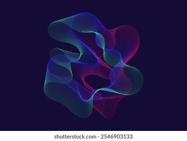 kompliziertes abstraktes Design, das aus zahlreichen kleinen Teilchen besteht, die eine wellenförmige Linie in den Tönen von Rosa, Blau und Grün auf dunklem Hintergrund erzeugen.