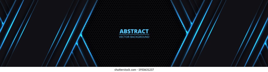 Banner horizontal amplio y oscuro abstracto con rejilla de fibra de carbono hexagonal. Fondo tecnológico con líneas luminosas azules. Lujoso y futurista telón de fondo moderno. 