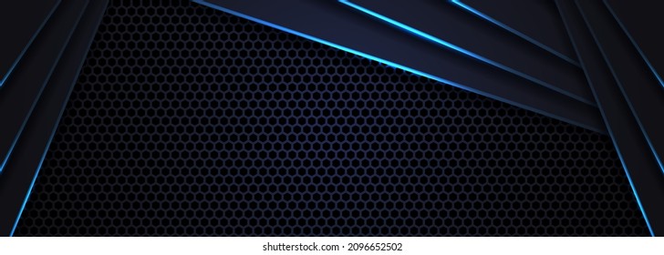 Dark abstract wide horizontal banner with hexagon carbon fiber grid. Technology background with blue luminous lines. Futuristic luxury modern backdrop.