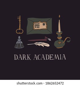 Dark Academia aesthetic. Vintage elements collection. Old key, candle, envelope, ink bottle and feather. Hand written lettering. Antique vector illustration in sketch style