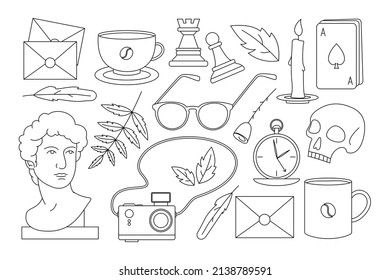 Dark Academia big set. Popular subculture. Сollection of line vector elements. Сoffee, chess, candle, cards, stylized Greek bust, camera, leaves, glasses, rose, pocket watch, skull, letter.