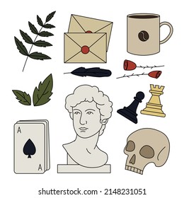 Dark Academia Big Set. Vector cartoon elements of popular subculture. Сoffee, chess, stylized Greek bust, leaves, rose, letter, skull, cards.