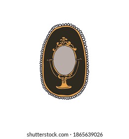 Dark Academia concept. Antique mirror in decorative frame. Antiques store logo or emblem. Vintage vector illustration in sketch style