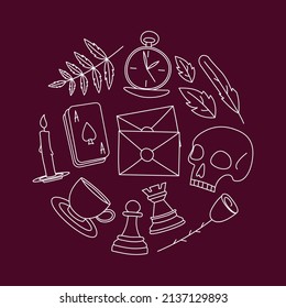 Dark academia. Elements of popular subculture. Сup, cards, letter, clock, chess, skull, rose. Vector doodle circle illustration.