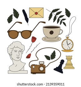 Dark Academia elements. Popular subculture. Big Set of vector cartoon elements for stickers or another printed products. Сoffee, chess, stylized Greek bust, leaves, sunglasses, rose, pocket watch, 