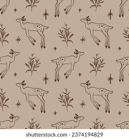 Dark Academia Line Art Baby Deer Seamless Pattern