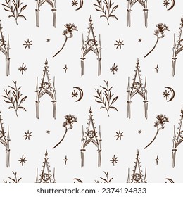 Dark Academia Line Art Gothic Architecture Element Seamless Pattern