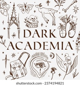 Dark Academia Line Art Illustrations Set Collection School Elements Gothic Mystic Novel