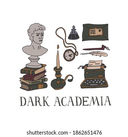 Dark Academia room set. Vintage elements collection. Bust, candle, typewriter, stacks of books and manuscripts. Hand written letter and ink. Antique aesthetic vector illustration with lettering