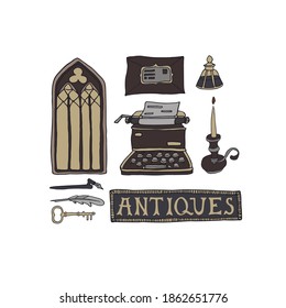 Dark Academia room set. Vintage elements collection. Window, candle, typewriter, envelope and ink. Hand written lettering with decorative frame. Antique aesthetic vector illustration