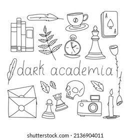 Dark academia set. Popular subculture. Сollection of classic elements. Сhess, clock, skull, candle, books, letter, cards, camera. Vector illustration. Aesthetics of a private school.