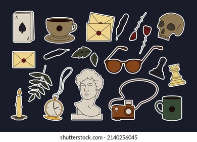 Dark Academia Sticker Pack. Elements of Popular subculture. Coffee, chess, stylized Greek bust, leaves, candle, sunglasses, rose, pocket watch, letter, skull, cards, camera. 