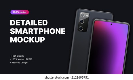 Dark Advertisement Banner for New Smartphone Model, Ui Design or App. Realistic Device with Purple Gradient Screen. Landing Page Mockup. Vector illustration