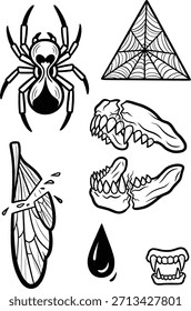 Lámina de flash de tatuaje estético oscuro con araña mortal, mandíbula rota espeluznante, dientes de vampiro afilados, Web geométrico y alas dañadas