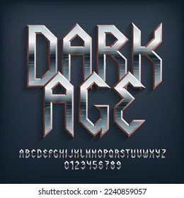 Dark Age alphabet font. Scratched metal vintage letters, numbers and symbols. Stock vector typescript for your typography design.