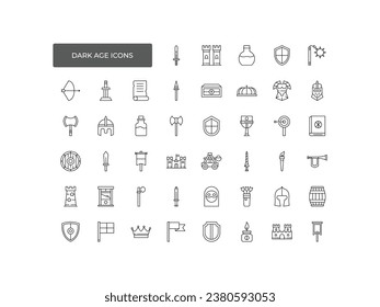 Dark age Vector Line Icons set. Contains such Icons as , Sword, elixir, tower and more.