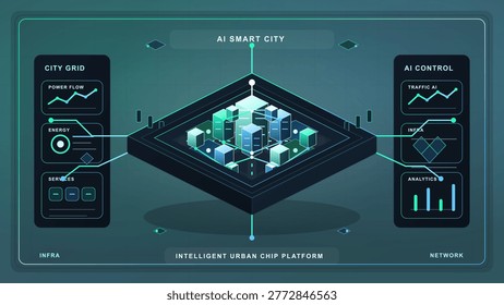 Dark AI smart city dashboard with isometric urban chip platform, city grid controls, traffic analytics panels, and glowing network lines.