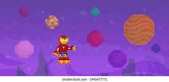 Dark alien sky and stars   planets around robot  Iron man in jet boots background space