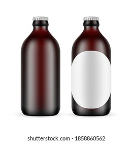 Dark Amber Glass Small Beer Bottle With Label and Blank Mockup Isolated on White Background. Vector Illustration