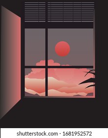 Dark ambient room. The window looks out across the landscape with sunset above the mountains or hills. Minimalist vector illustration.