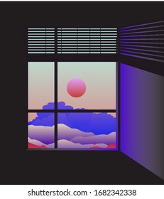 Dark ambient room. The window looks out across the landscape with sunset above the mountains or hills. Minimalist vector illustration.