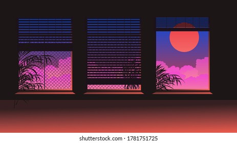 Ambiente oscuro. La ventana da al paisaje con puesta de sol sobre las nubes. Escena en dibujos animados.