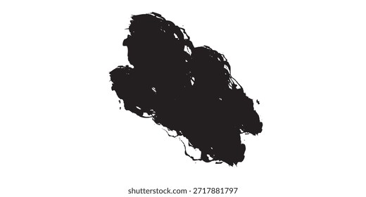 Una mancha de tinta oscura y amorfa con bordes ásperos, aislada en una superficie blanca limpia.