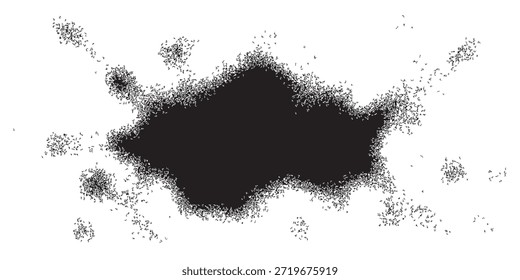 A dark, amorphous ink-like shape with a textured, granular appearance, surrounded by smaller, dispersed particles.