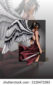 Dark angel with red dress vector illustration