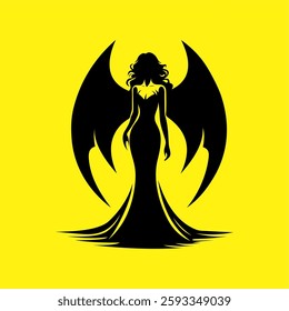 Dark Angel Silhouette with Elegant Wings on Yellow Background – Vector Illustration