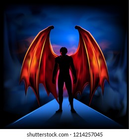 Dark Angel
Silhouette of a man with fiery wings on the background of dark clouds. Illustration, vector. EPS-10.