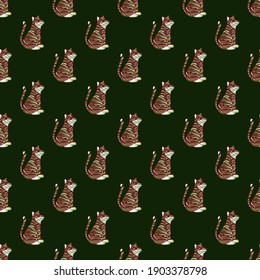 Color animal oscuro exótico sin costuras con tigre marrón doodle impreso. Fondo verde. Fondo zoológico. Ilustración bursátil. Diseño vectorial para textiles, tela, giftwrap, papel pintado.