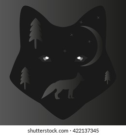 Dark Animal Fox. Fox among the trees on the background of the month with stars
