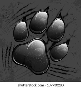 Dark animal paw print and scratches on black, vector illustration