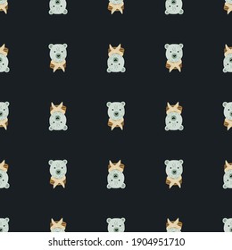 Dark animal seamless kid pattern with doodle bear heads ornament. Black background. Blue animal print. Vector illustration for seasonal textile prints, fabric, banners, backdrops and wallpapers.