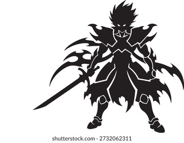 Dark Anime Warrior Silhouette Vector with Sword and Flame Armor Style, Fantasy Hero Shadow Character Design for Gaming Logo, Sticker