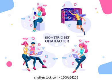 Dark application. Build internet interacting images. Interactive creative client profile. Customer mobile workspace situation. Office analysis 3d isolated on white background. Isometric people.